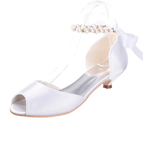 

Women's Wedding Shoes Kitten Heel Peep Toe Satin Imitation Pearl Ribbon Tie Solid Colored White Black Purple