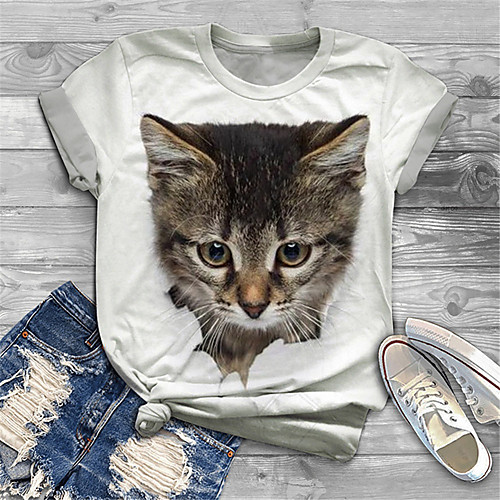 

Women's Plus Size Tops T shirt Cat Graphic Print Short Sleeve Crewneck Basic White Big Size XL XXL 3XL 4XL 5XL / Holiday