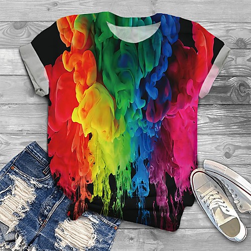 

Women's Plus Size Tops T shirt Rainbow Graphic Print Short Sleeve Crewneck Basic Rainbow Big Size XL XXL 3XL 4XL 5XL / Holiday