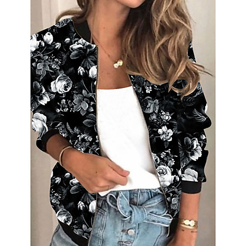 

Women's Jacket Daily Fall Spring Regular Coat Regular Fit Casual Jacket Long Sleeve Floral Print Black
