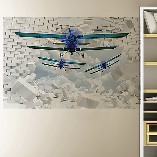 

3D Broken Wall Blue Sky White Cloud Aircraft Home Corridor Background Decoration Can Be Removed Stickers
