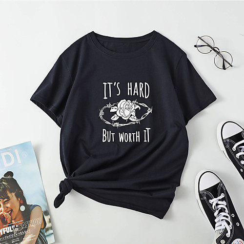 

Women's T shirt Floral Chains Print Letter Print Round Neck Tops Cotton Basic Basic Top Black Blue Red