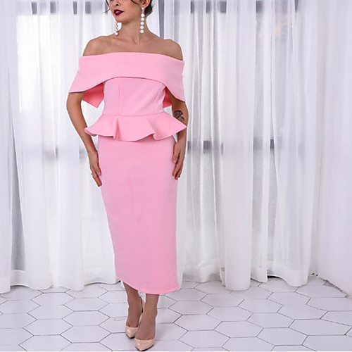 

Sheath / Column Peplum Sexy Wedding Guest Formal Evening Dress Off Shoulder Sleeveless Ankle Length Spandex with Ruffles 2021