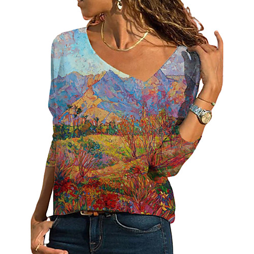 

Women's T shirt Graphic Scenery Long Sleeve Print V Neck Tops Basic Basic Top Blue Rainbow