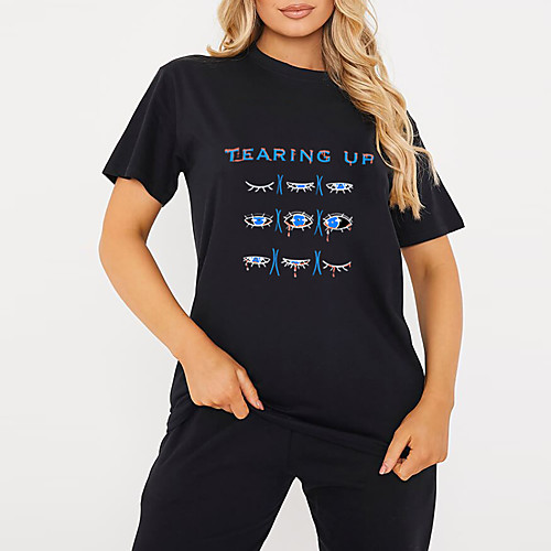 

Women's T shirt Graphic Eye Letter Print Round Neck Tops 100% Cotton Basic Basic Top Black