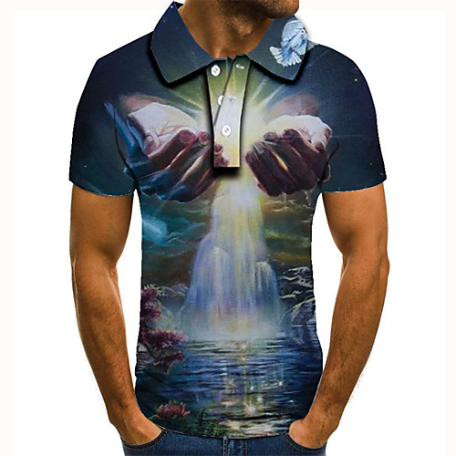 

Men's Golf Shirt 3D Print Scenery Graphic Prints Hand Button-Down Short Sleeve Street Tops Casual Fashion Cool Blue / Sports