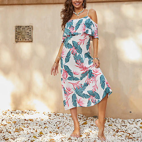

Women's A Line Dress Midi Dress Rainbow Half Sleeve Floral Print Spring Summer cold shoulder Casual Sexy Holiday Beach Batwing Sleeve Loose 2021 S M L XL