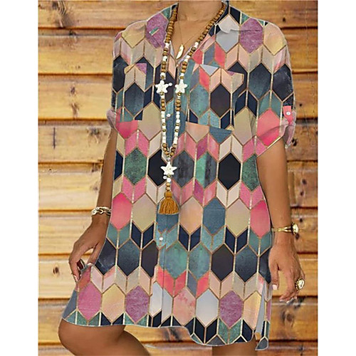 

Women's Shirt Dress Knee Length Dress Multicolor_1 Green Half Sleeve Print Geometric Print Summer Shirt Collar Casual Loose 2021 S M L XL XXL 3XL