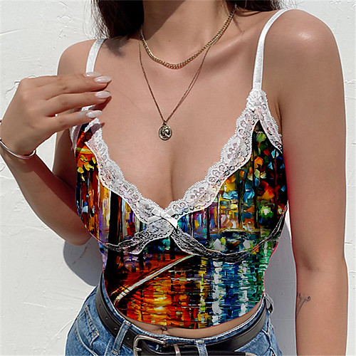 

Women's Camisole Crop Top Tank Top Graphic Scenery Lace Trims V Neck Basic Streetwear Tops Blue Yellow Orange