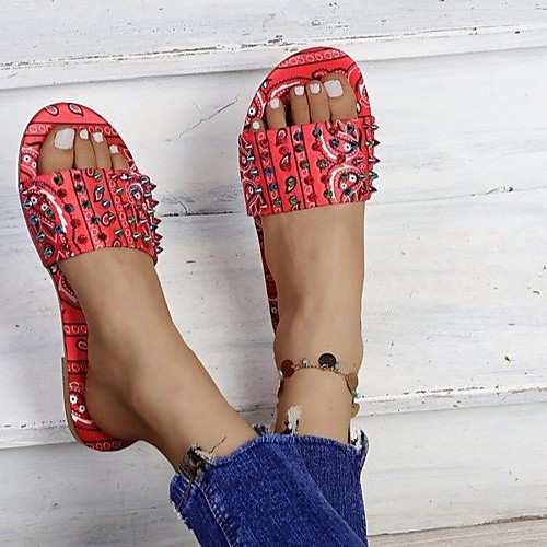 

Women's Sandals Outdoor Slippers Flat Heel Round Toe PU Rivet Color Block Red Black Blue