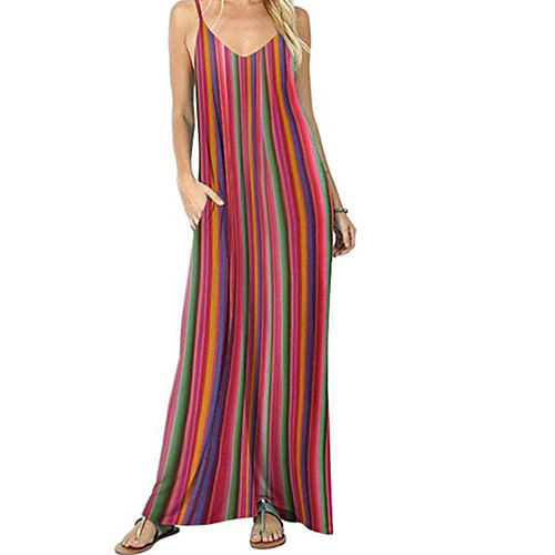 

Women's Strap Dress Maxi long Dress Red Sleeveless Striped Color Block Patchwork Spring Summer Round Neck Casual Loose 2021 M L XL XXL