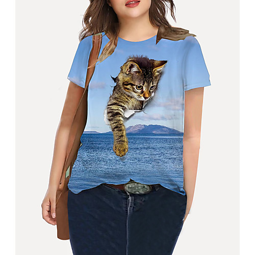 

Women's Plus Size Tops T shirt Cat Graphic Animal Print Short Sleeve Crewneck Basic Blue Big Size XL XXL 3XL 4XL 5XL / Holiday / Going out
