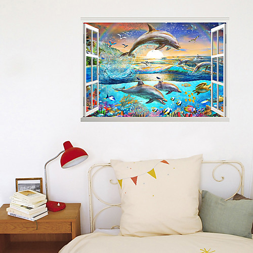 

3D New Fake Window Wall Paste Dolphin Diving Underwater World Living Room Bedroom Corridor Decoration Can Be Removed Stickers