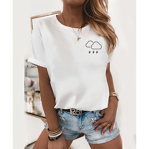 

Women's T shirt Graphic Print Round Neck Tops 100% Cotton Basic Basic Top White