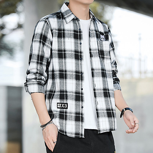 

Men's Shirt Lattice Long Sleeve Daily Slim Tops Button Down Collar Black / Red Black / White Gray / White