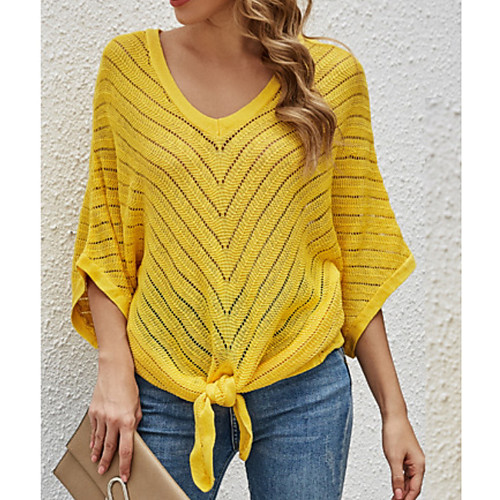 

Women's Knitted Solid Color Sweater Half Sleeve Sweater Cardigans V Neck Fall Spring Black Yellow