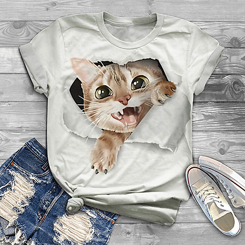 

Women's Plus Size Tops T shirt Cat Graphic 3D Print Short Sleeve Crewneck Basic White Big Size XL XXL 3XL 4XL 5XL / Holiday