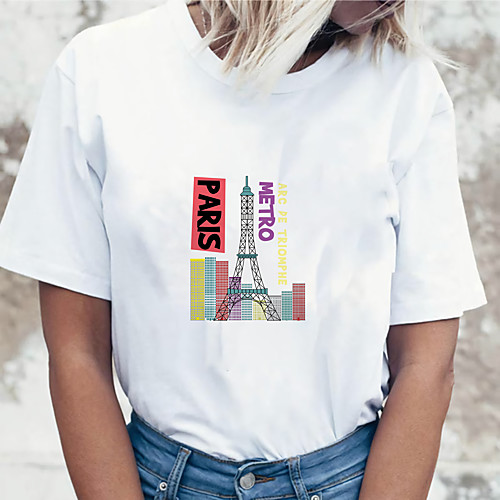 

Women's T shirt Graphic Scenery Print Round Neck Tops 100% Cotton Basic Basic Top White Blue Purple