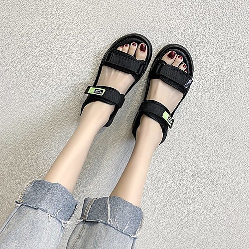

Women's Sandals Sporty Sandals Flat Heel Round Toe Rubber PU Color Block Black Green Beige