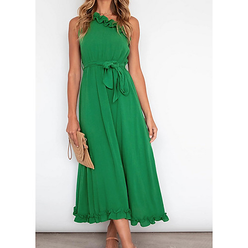 

Women's A Line Dress Maxi long Dress Blue Green Red Sleeveless Solid Color Fall Summer cold shoulder Elegant Casual 2021 S M L XL