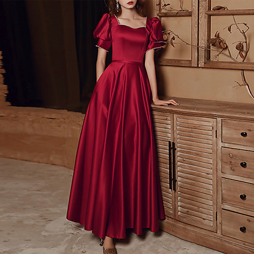 

A-Line Minimalist Elegant Wedding Guest Formal Evening Dress Scoop Neck Short Sleeve Ankle Length Satin with Sleek Beading 2021