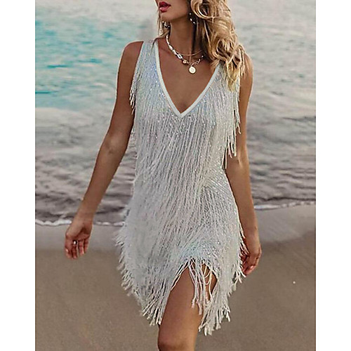 

Women's Sheath Dress Short Mini Dress White Sleeveless Solid Color Tassel Fringe Plus High Low Fall Spring V Neck Hot Elegant Party 2021 S M L XL XXL