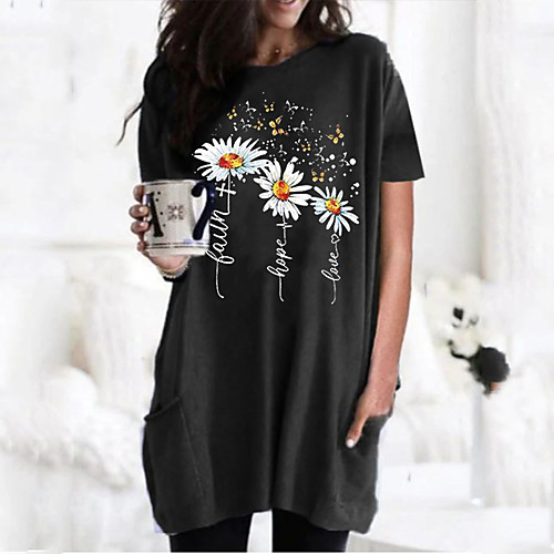 

Women's T shirt Dress Graphic Flower Round Neck Tops Basic Basic Top Black Wine Army Green