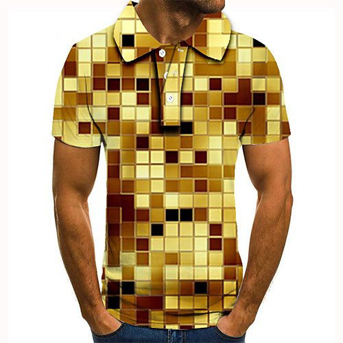 

Men's Golf Shirt 3D Print Check Graphic Prints Button-Down Short Sleeve Street Tops Casual Fashion Cool Gold / Sports