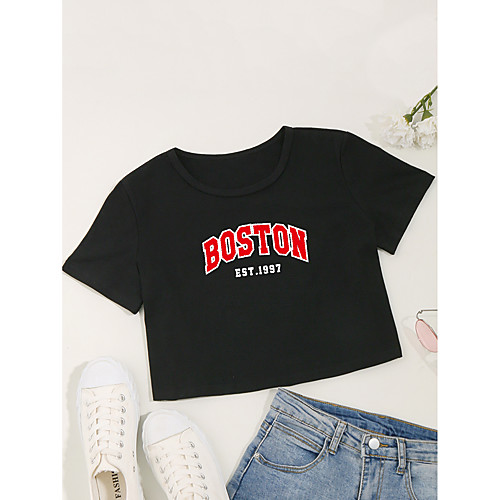 

Women's Crop Tshirt Letter Print Round Neck Tops Cotton Basic Basic Top White Black