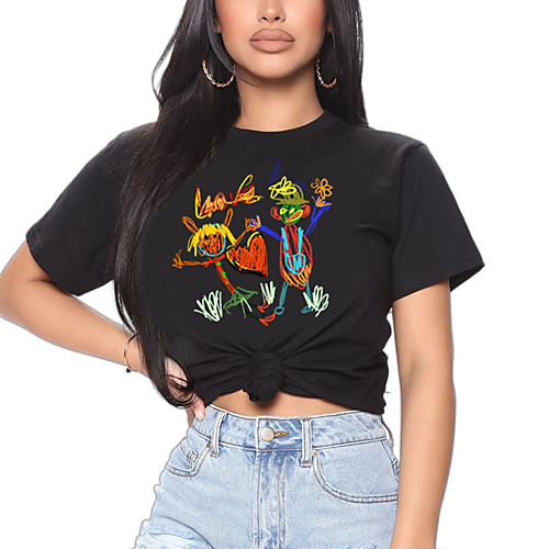 

Women's T shirt Graphic Graffiti Print Round Neck Tops 100% Cotton Basic Basic Top White Black