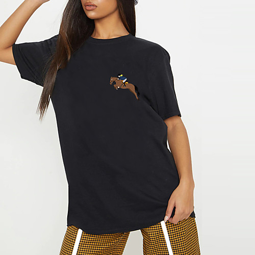 

Women's T shirt Graphic Animal Print Round Neck Tops 100% Cotton Basic Basic Top Black