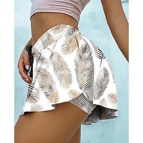 

Women's Fashion Casual / Sporty Comfort Loose Fitness Weekend Active Biker Shorts Skort Pants Geometric Pattern Leaf Short 2 in 1 Ruffle Print White