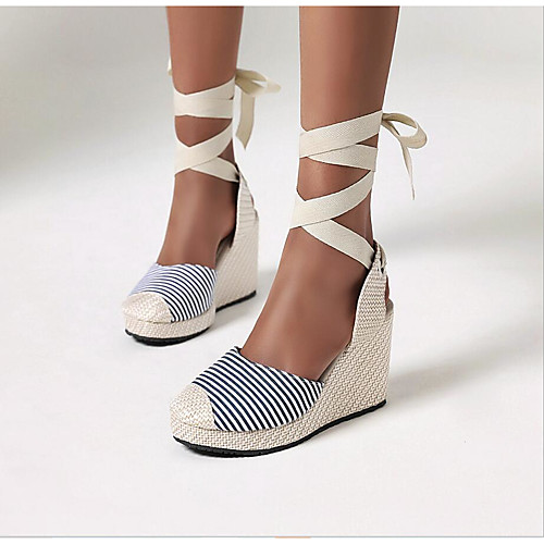 

Women's Sandals Lace up Wedge Sandals Espadrilles Wedge Heel Round Toe Canvas Ribbon Tie Color Block Red Blue