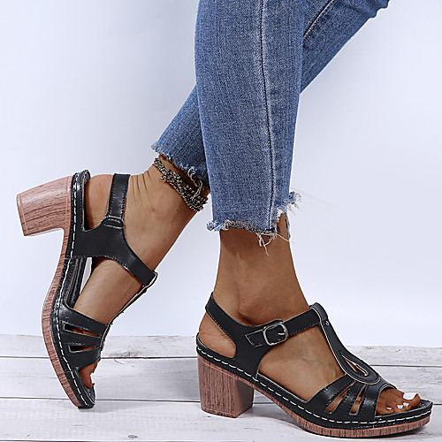 

Women's Sandals Chunky Heel Round Toe PU Solid Colored Black Pink Beige