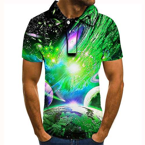 

Men's Golf Shirt 3D Print Graphic Prints Earth Interstellar Button-Down Short Sleeve Street Tops Casual Fashion Cool Green / Sports