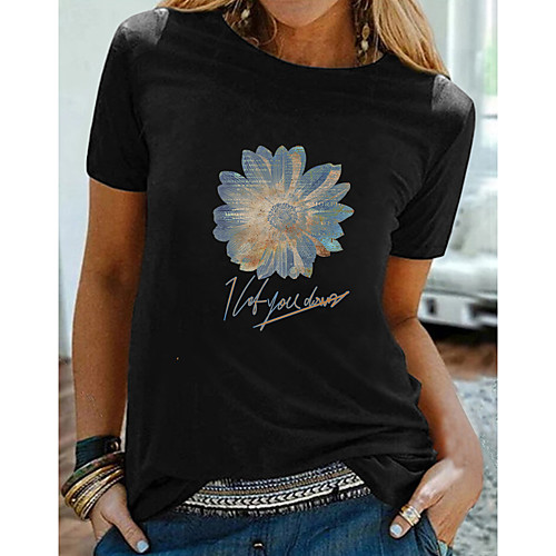 

Women's T shirt Floral Letter Print Round Neck Tops 100% Cotton Basic Basic Top Black