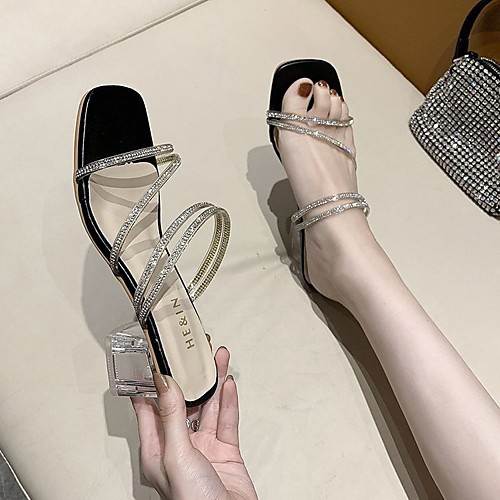 

Women's Sandals Cuban Heel Open Toe PVC PU Rhinestone Sparkling Glitter Solid Colored Black Beige