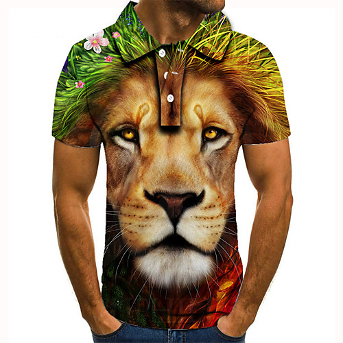 

Men's Golf Shirt 3D Print Graphic Prints Lion Animal Button-Down Short Sleeve Street Tops Casual Fashion Cool Yellow / Sports