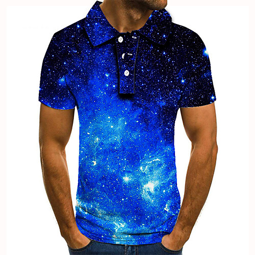 

Men's Golf Shirt Tennis Shirt 3D Print Graphic Prints Starry Sky Button-Down Short Sleeve Street Tops Casual Fashion Cool Blue / Sports