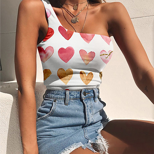 

Women's Crop Top Tank Top Vest Graphic Heart Animal Print One Shoulder Basic Streetwear Tops White Black Blushing Pink