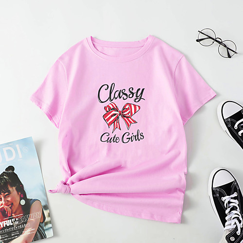 

Women's T shirt Butterfly Letter Print Round Neck Tops Cotton Basic Basic Top White Blue Red