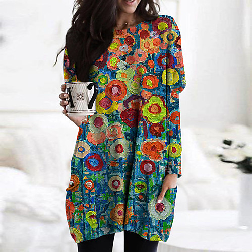 

Women's Shift Dress Short Mini Dress Blue Purple Green Dark Green Dark Blue Long Sleeve Floral Color Block Print Fall Spring Round Neck Casual Holiday 2021 S M L XL XXL 3XL