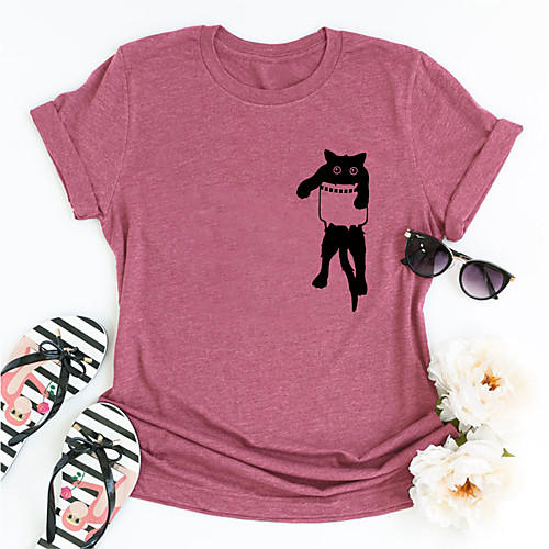 

Women's T shirt Cat Graphic Print Round Neck Tops Basic Basic Top Blue Blushing Pink Wine