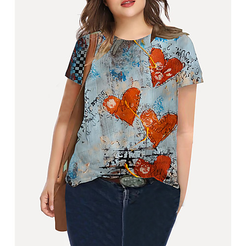 

Women's Plus Size Tops T shirt Graphic Heart Print Short Sleeve Crewneck Basic Blue Big Size XL XXL 3XL 4XL 5XL / Holiday / Going out
