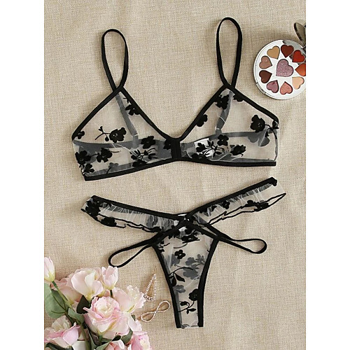 

Women's Lace Sexy Suits Nightwear Floral Bra Black One-Size / Strap / Deep V / Strap