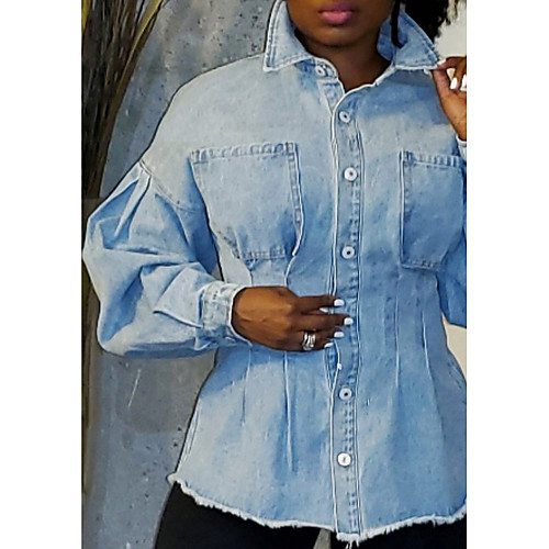 

Women's Jacket Daily Fall Spring Regular Coat Regular Fit Casual Jacket Long Sleeve Solid Colored Patchwork Light Blue / Denim