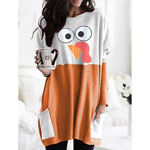 

Women's T shirt Cartoon Graphic Long Sleeve Pocket Round Neck Tops Basic Basic Top Black Orange Khaki