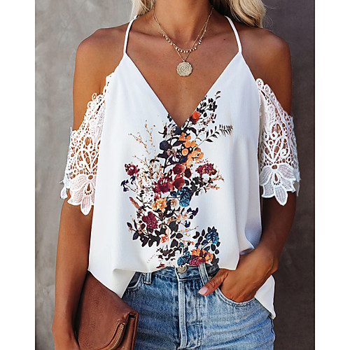 

Women's Plus Size Blouse Shirt Floral Lace Trims Print V Neck Sexy Tropical Boho Tops White
