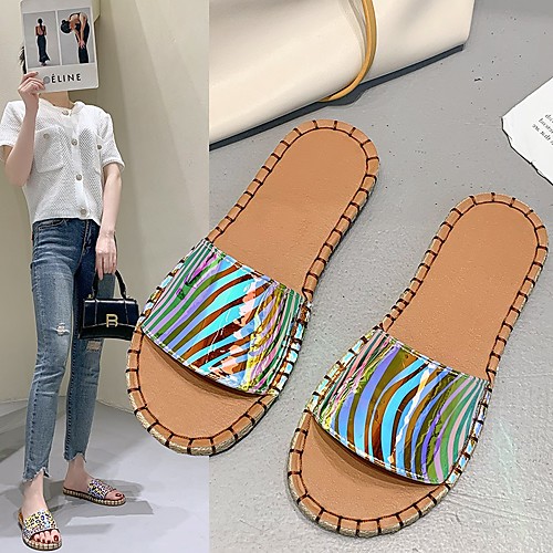 

Women's Slippers & Flip-Flops Flat Heel Round Toe PU Striped Leopard Leopard Blue