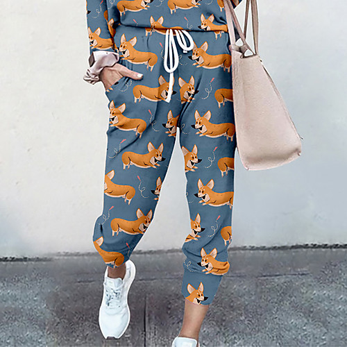 

Women's Basic Soft Comfort Going out Gym Palazzo Pants Dog Animal Full Length Elastic Drawstring Design Print Blue